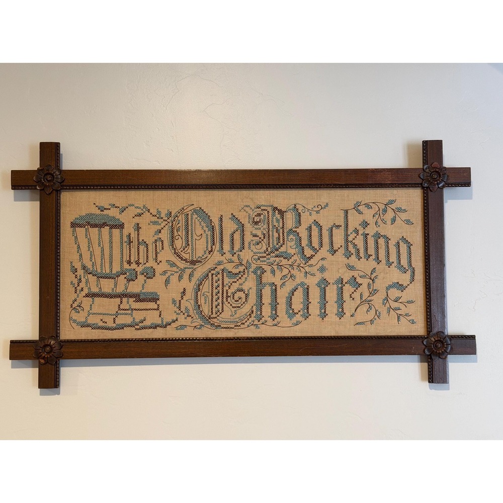 Antique Victorian Sampler "The Old Rocking Chair", Cross Corner Tramp Art Frame